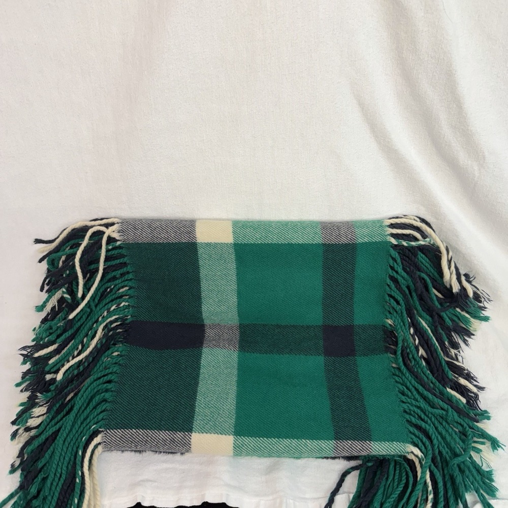 Plaid Green Navy Blue Cream Fringe Scarf Soft Cozy Tartan Flannel 12.5"x98" - Picture 4 of 5